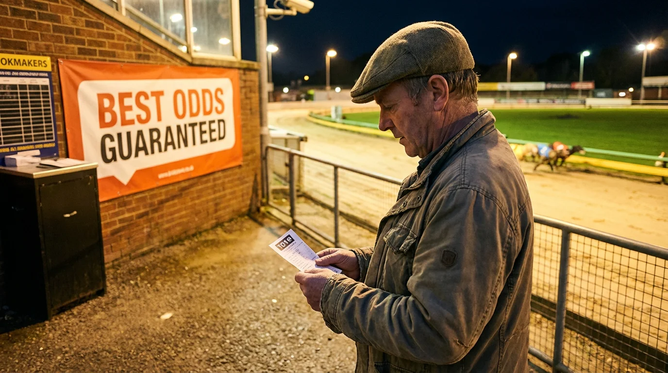 Punter holding a greyhound betting slip at a UK dog track with best odds guaranteed signage