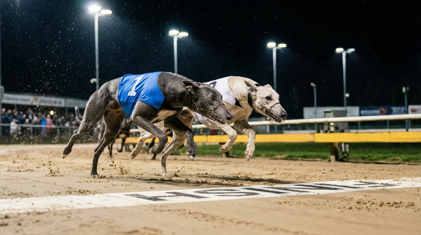 Two greyhounds crossing the finish line together in a dead heat at a UK track