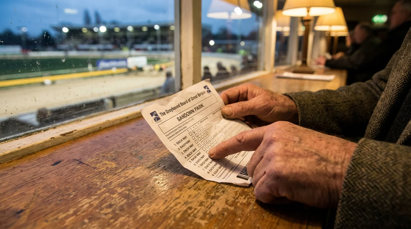 Punter reviewing an each-way greyhound betting slip at a UK dog track