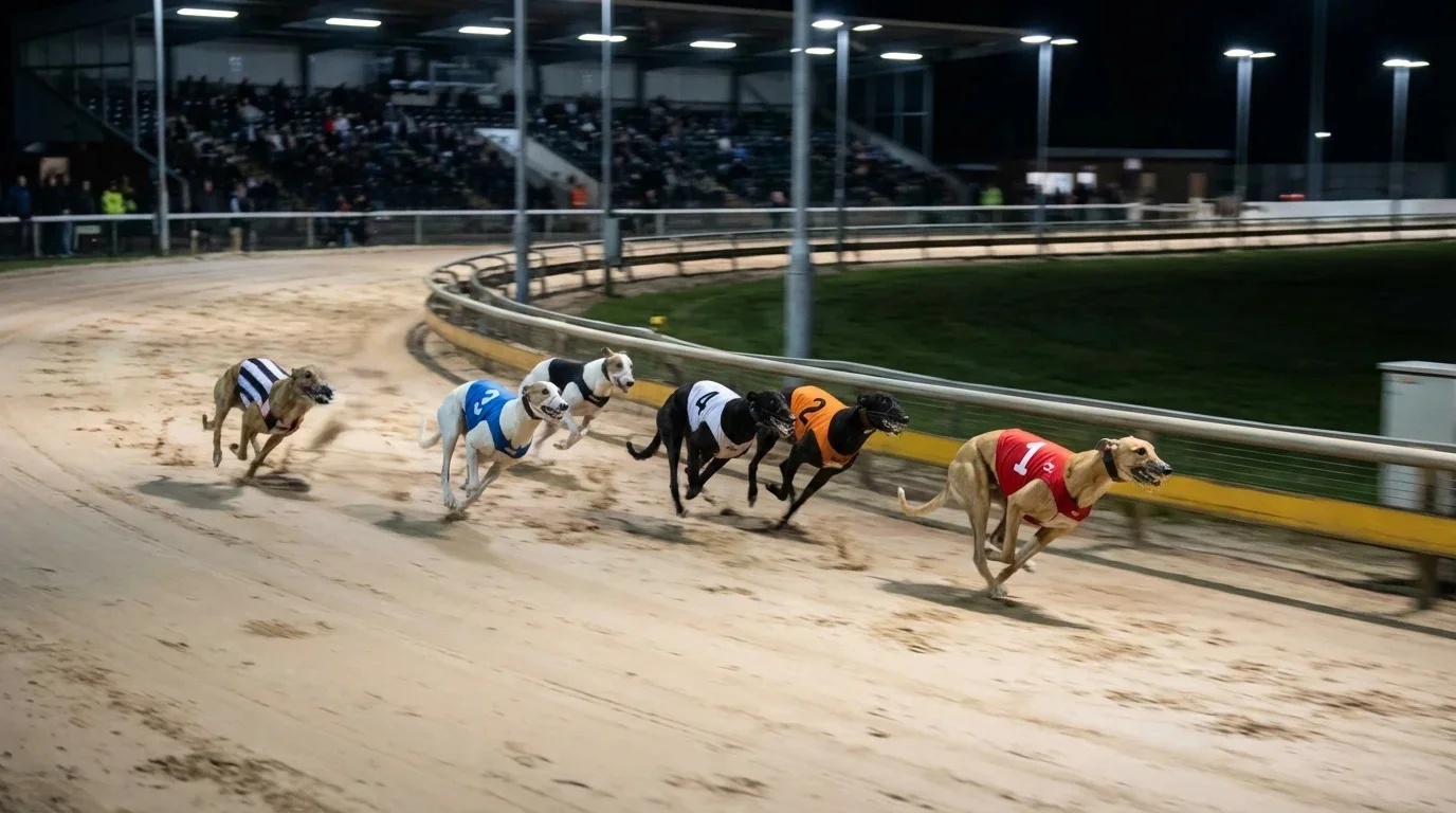 Pack of greyhounds racing towards the first bend at a UK track with the leader pulling clear