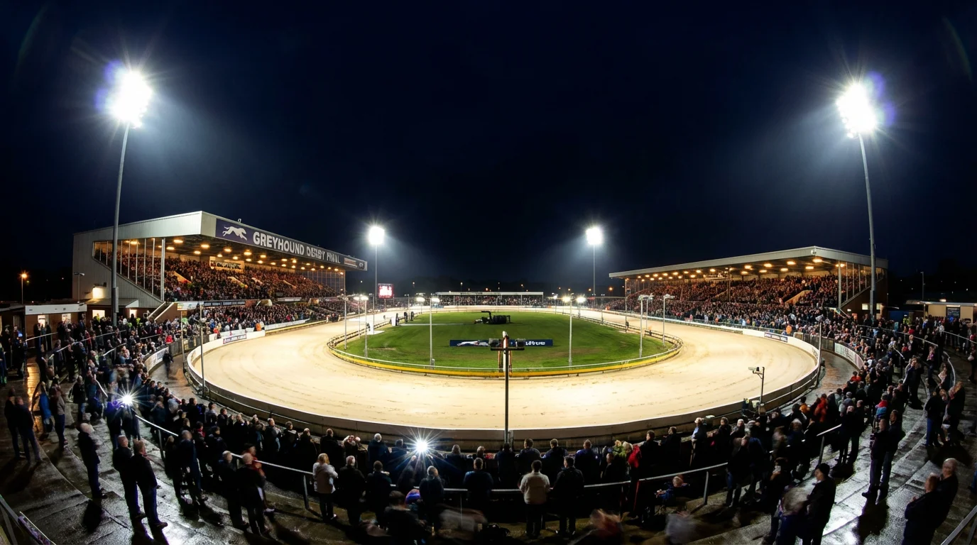 Greyhound Derby final night atmosphere at a packed UK stadium under floodlights