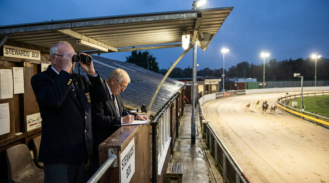 GBGB race stewards observing a greyhound race from the officials stand at a UK track