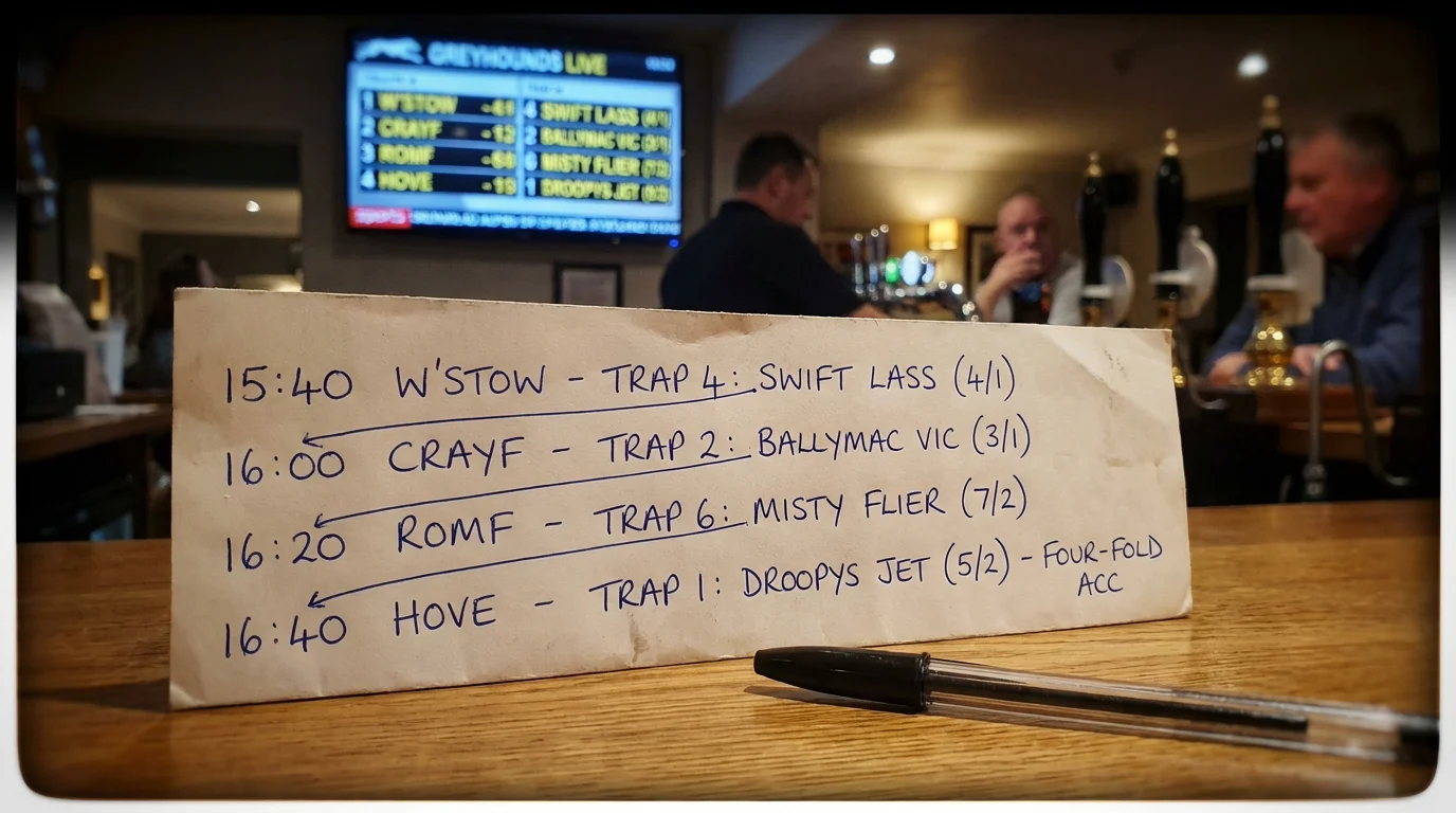 Betting slip with multiple greyhound selections laid out for an accumulator wager