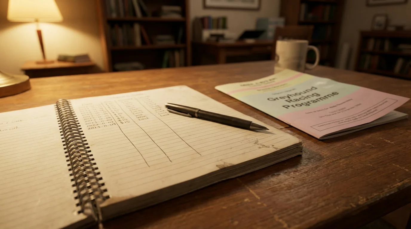 Punter writing staking records in a notebook beside a greyhound race programme