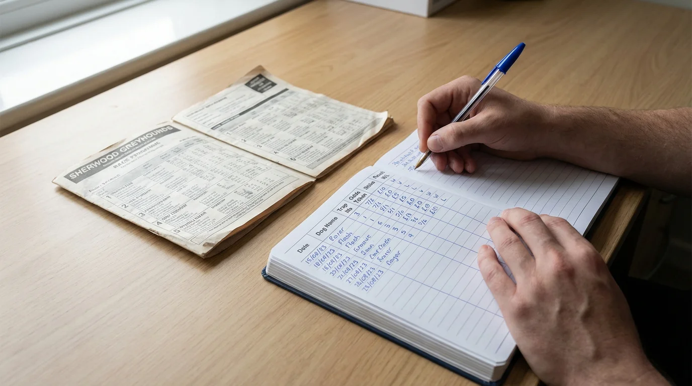 Punter writing bet records in a notebook beside a greyhound race programme