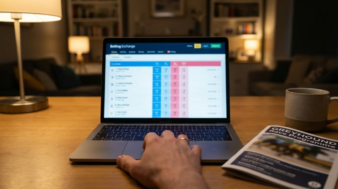 Laptop displaying back and lay prices on a greyhound betting exchange market