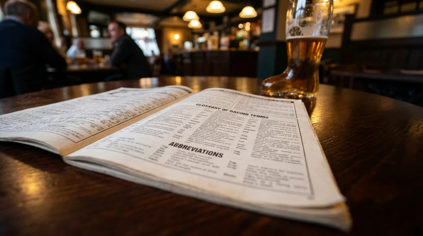 Open greyhound racing programme showing betting terminology and race card abbreviations