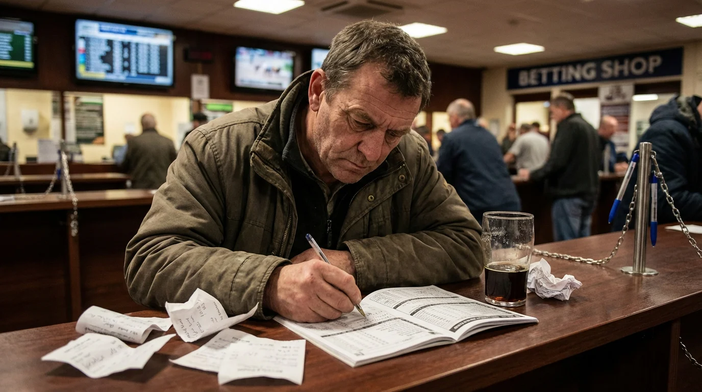 Punter studying a greyhound race card with a pen while reviewing betting strategy notes