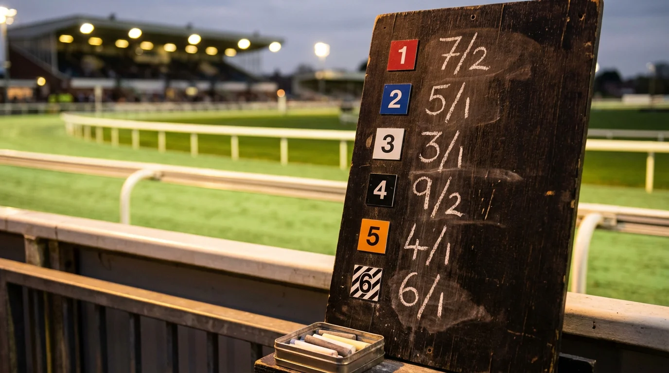 Greyhound betting odds displayed on a bookmaker board at a UK dog track