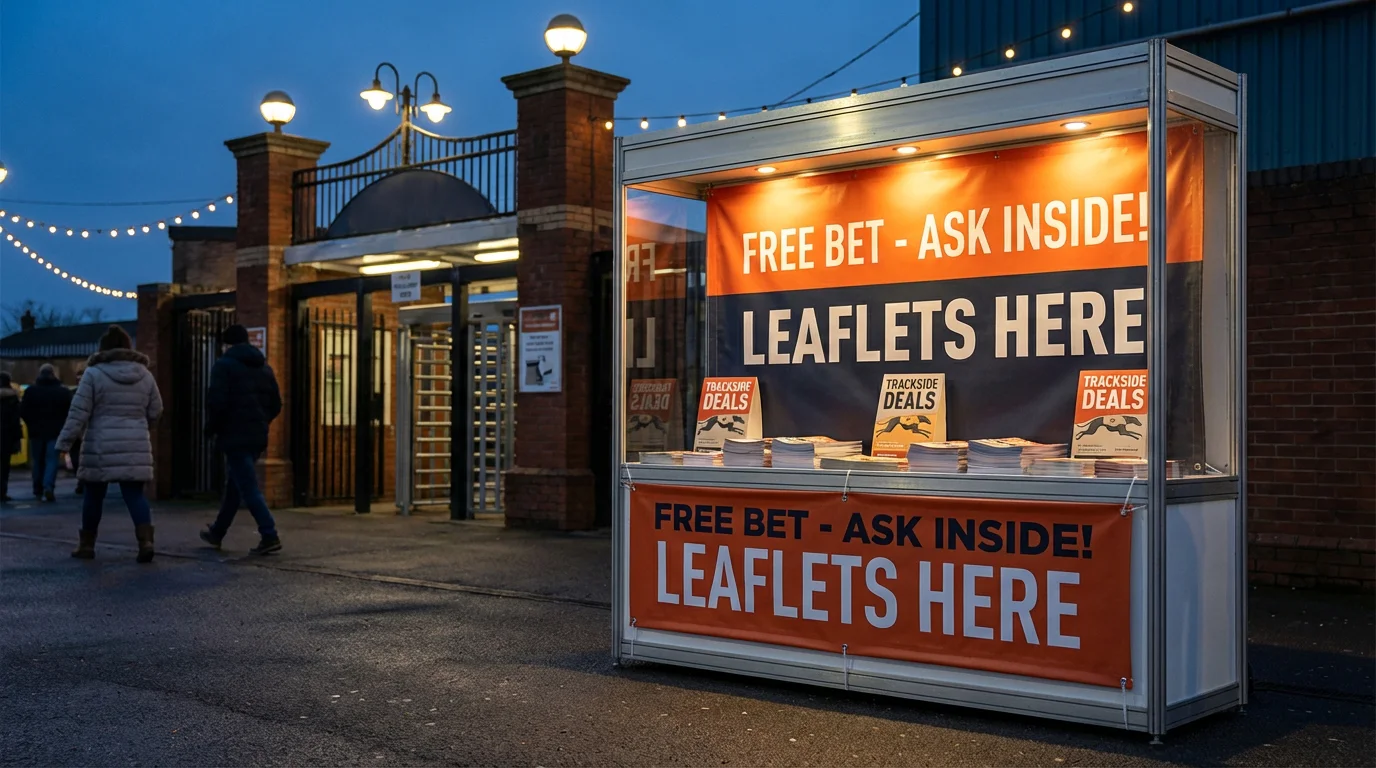 Bookmaker promotion display offering free bets on UK greyhound racing