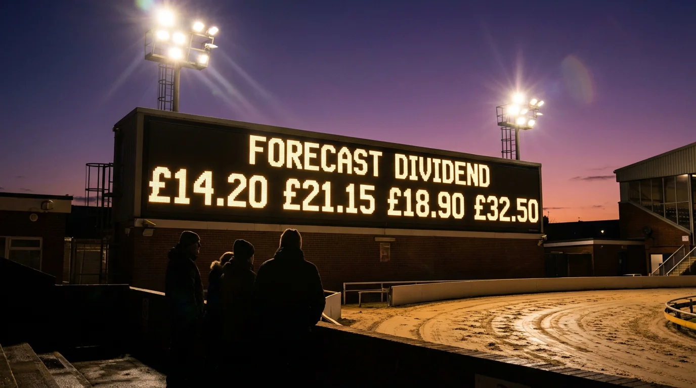 Results board at a UK greyhound track displaying forecast dividend payouts