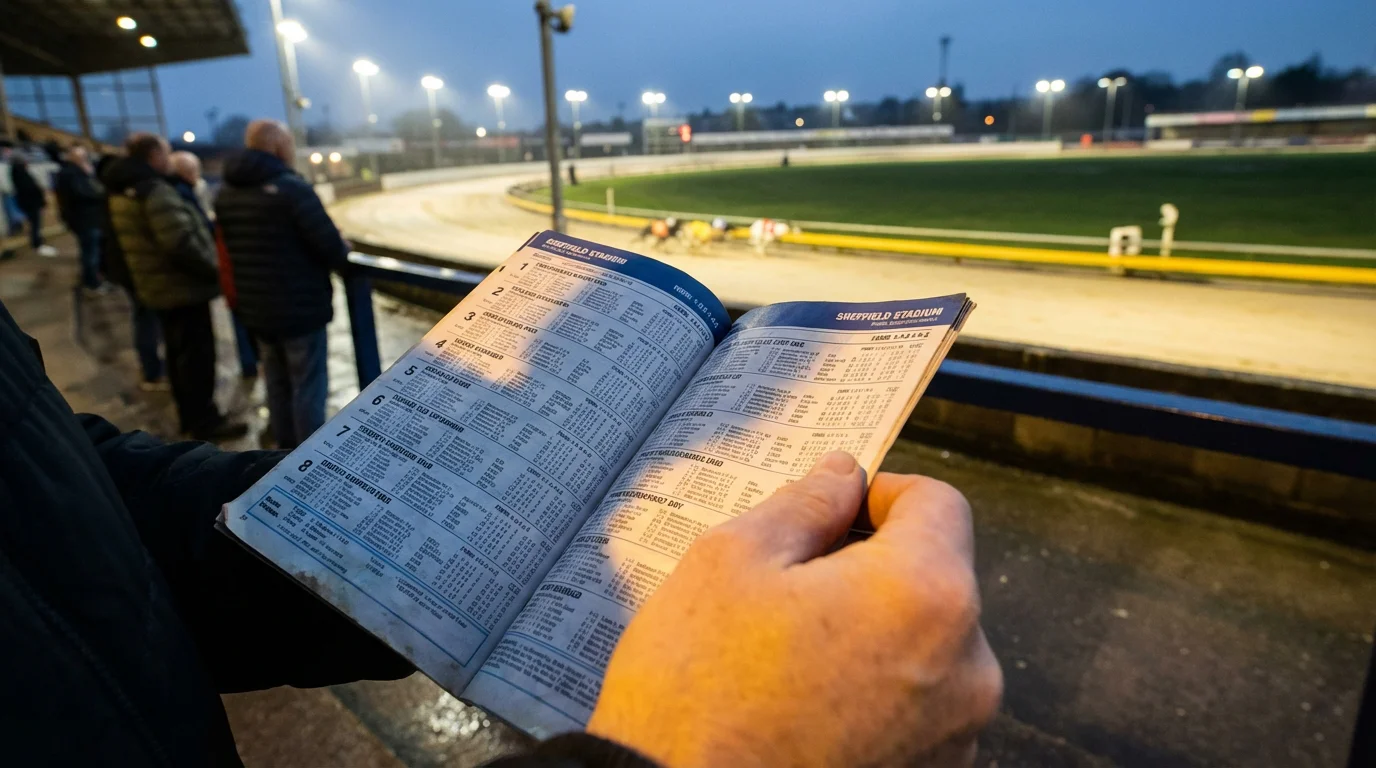 Greyhound form figures displayed on a printed race programme at a UK track