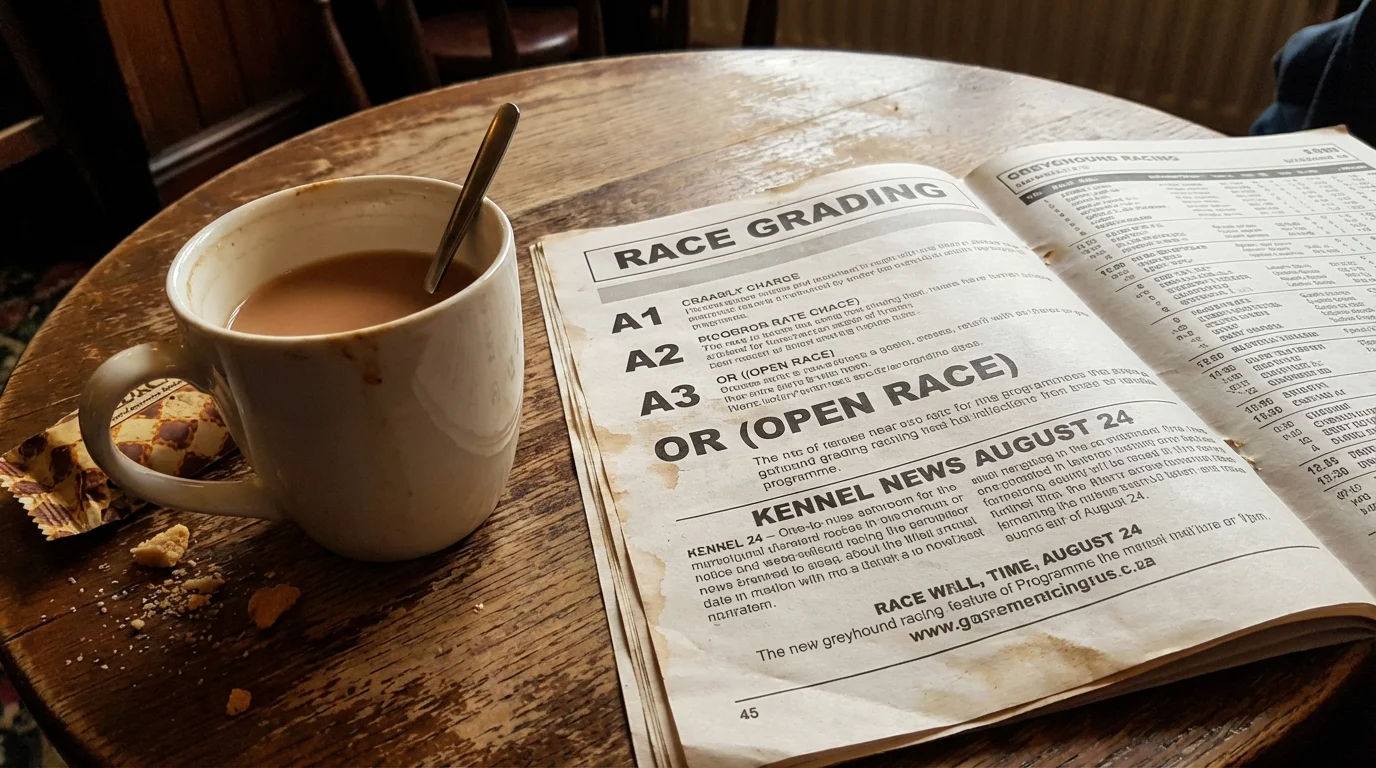 Graded greyhound race programme showing A-grade classifications at a UK track