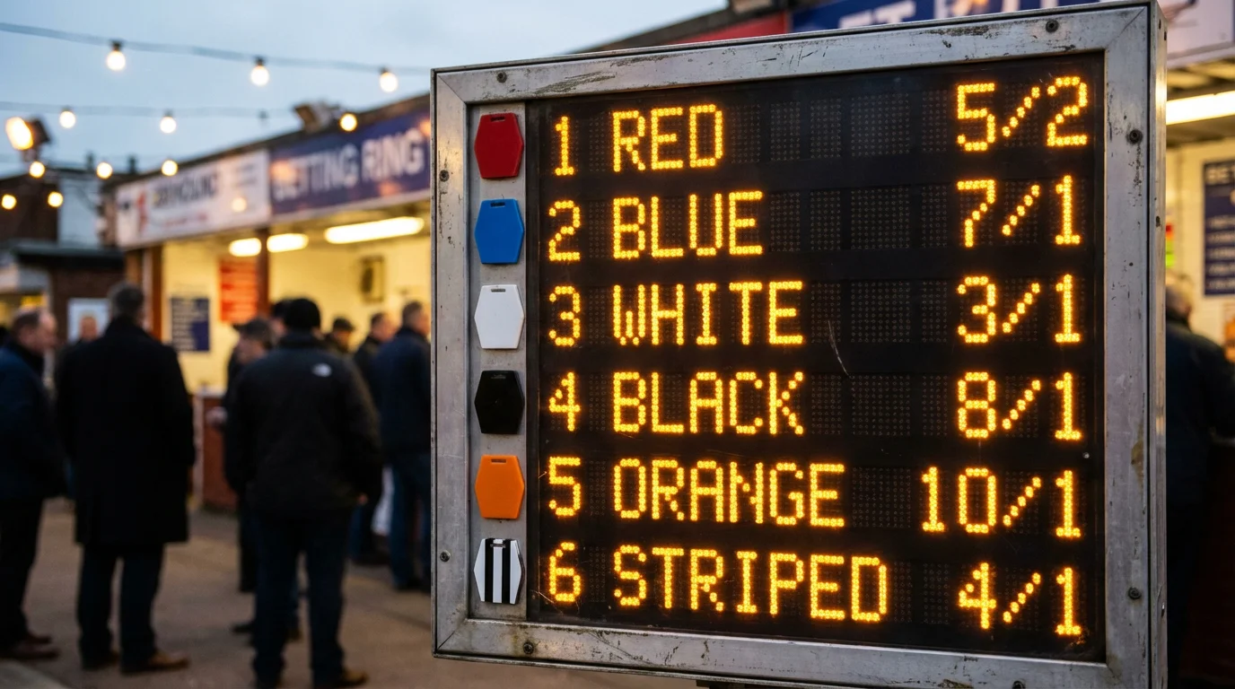Bookmaker display board showing greyhound racing odds at a UK dog track