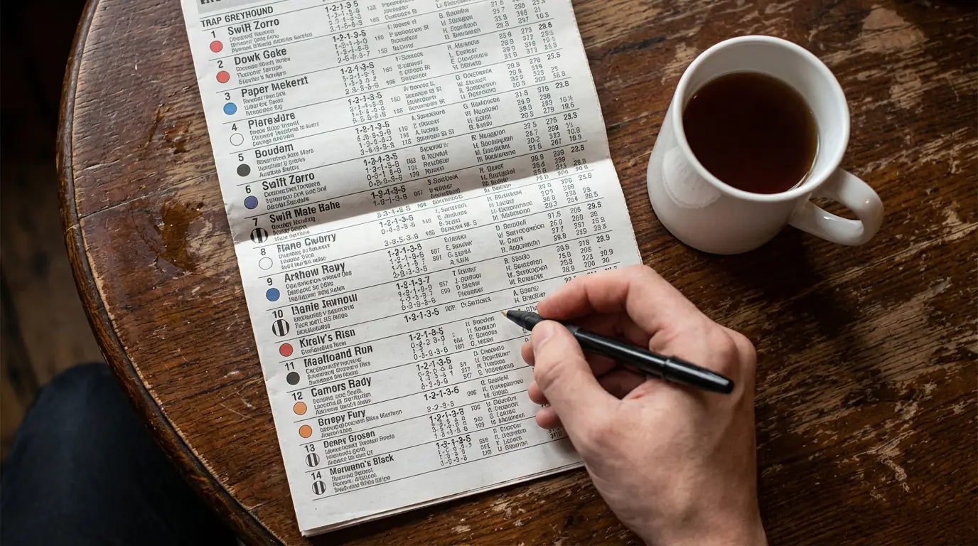 Close-up of a printed UK greyhound race card showing form figures and sectional times