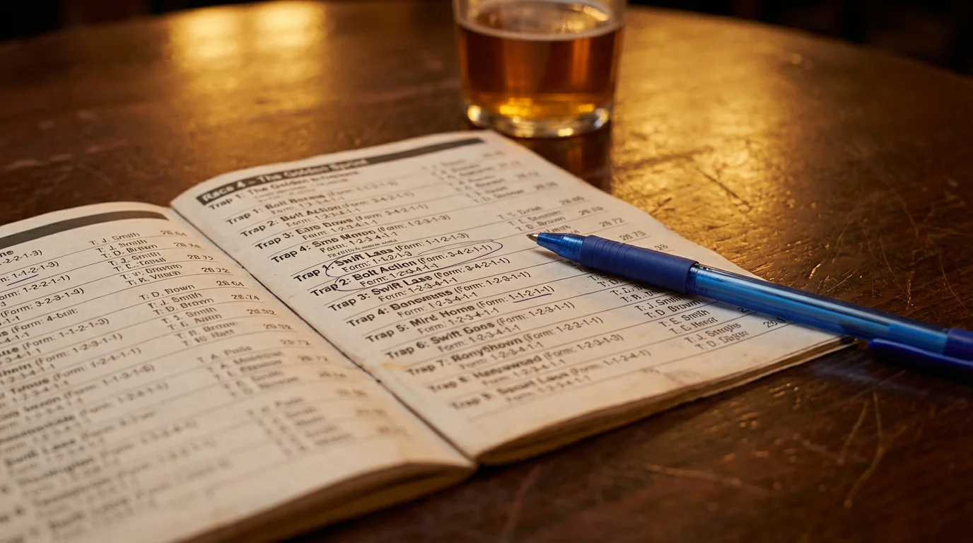 Close-up of a printed greyhound race card with form figures and pen marks