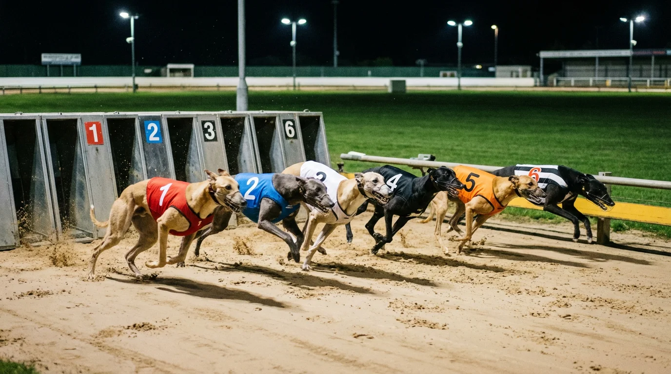 Greyhounds racing out of traps on a sand track at a UK stadium