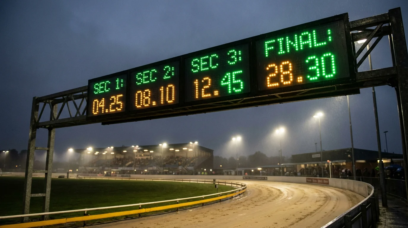 Timing display board showing split times at a UK greyhound racing track