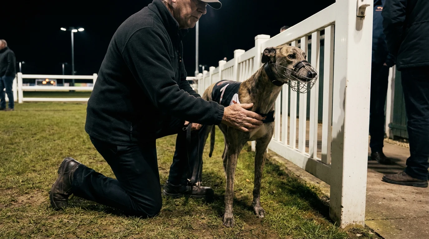Greyhound trainer preparing a dog in the paddock before a UK race meeting