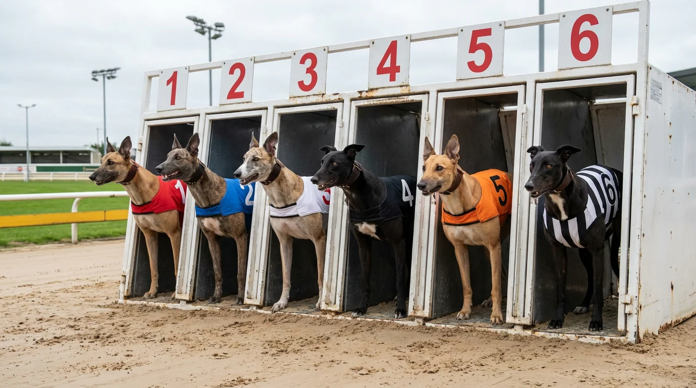 Six greyhounds in numbered racing jackets lined up in the starting traps at a UK track