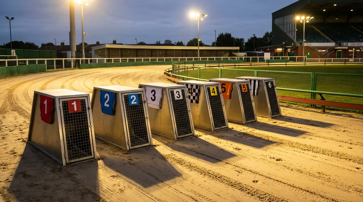 Six greyhound starting traps with coloured racing jackets ready for a race at a UK track