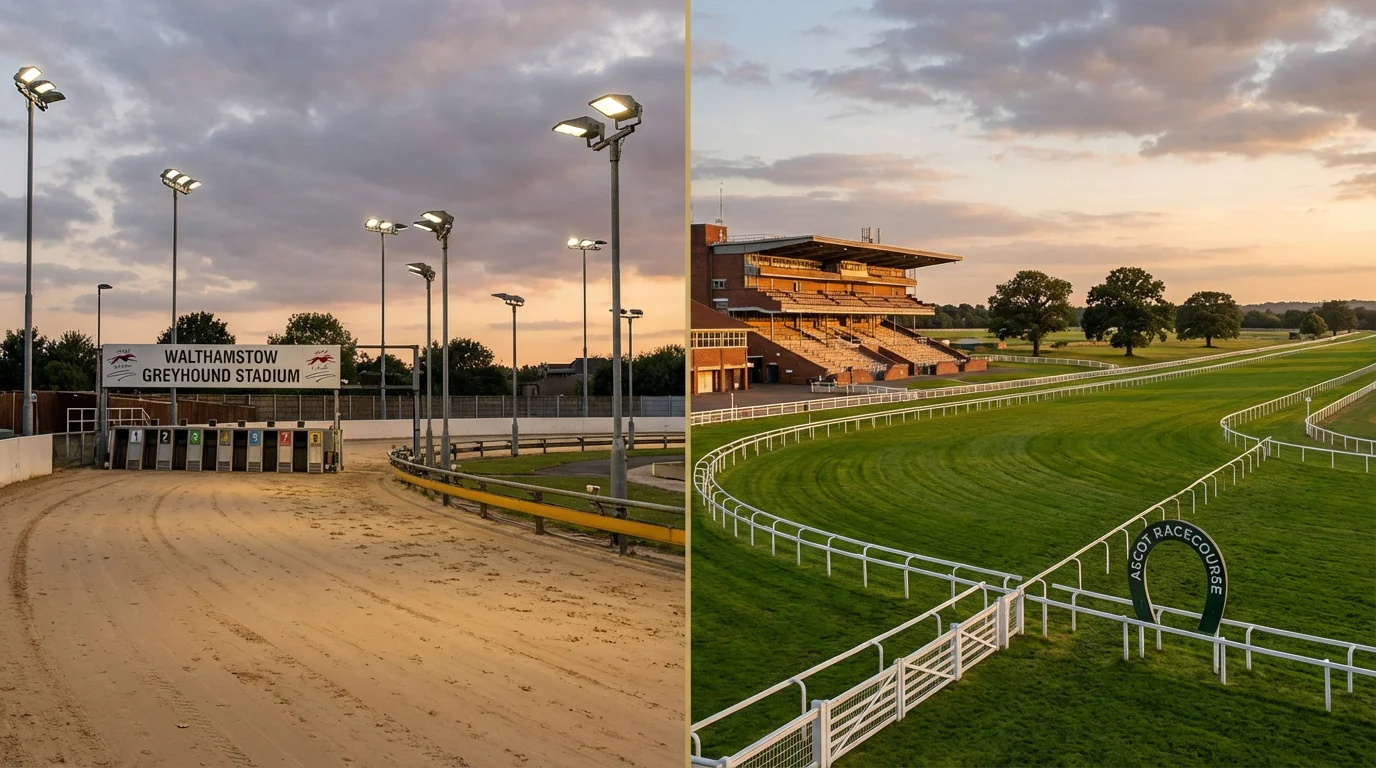 Side-by-side view of a greyhound track and a horse racing course in the UK