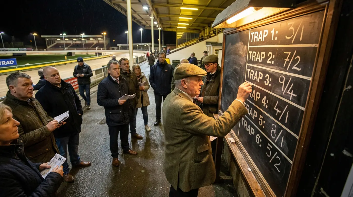 Bookmaker updating the odds board before a greyhound race at a UK track