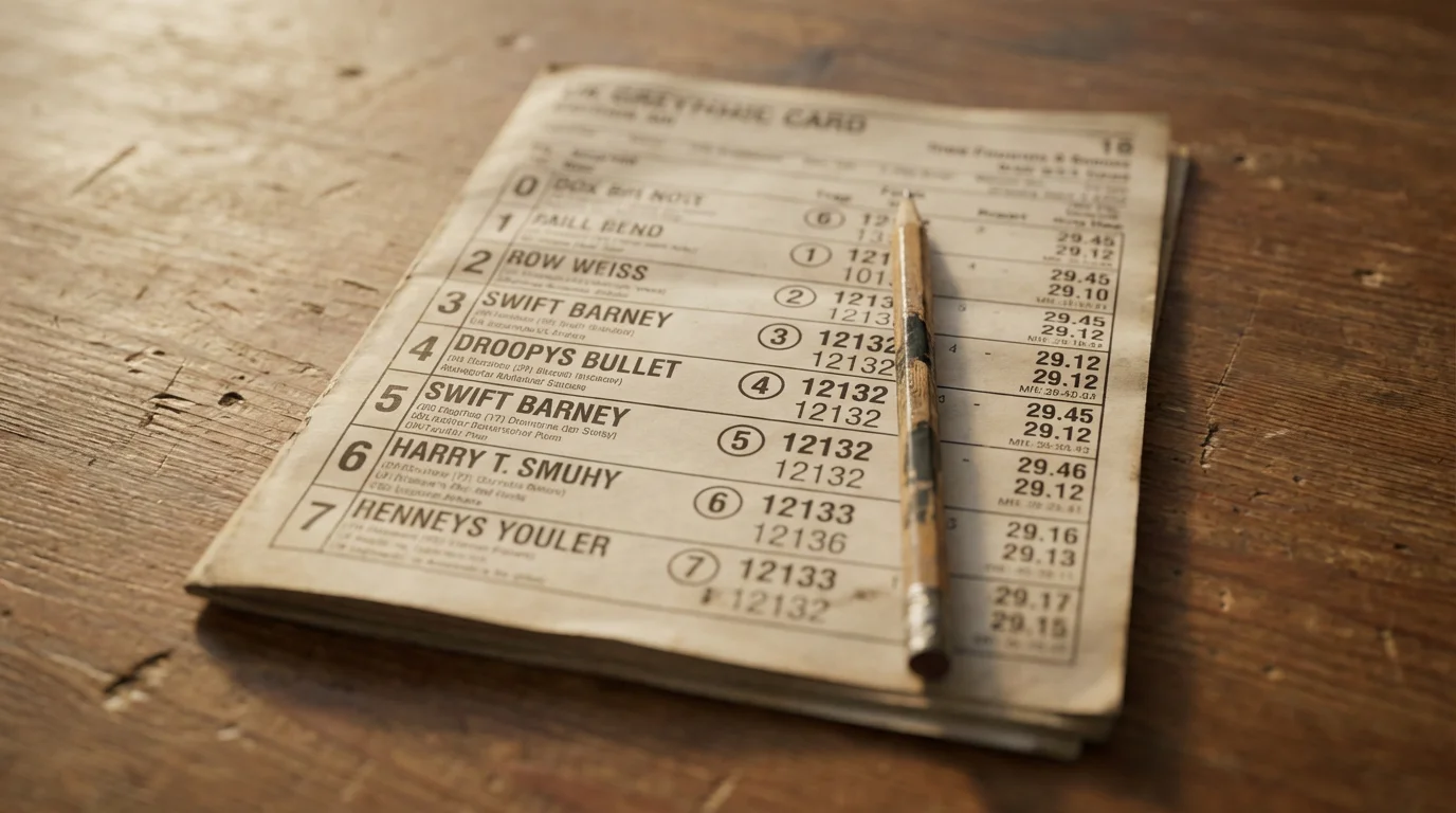 Close-up of a printed UK greyhound race card showing form figures and trap numbers