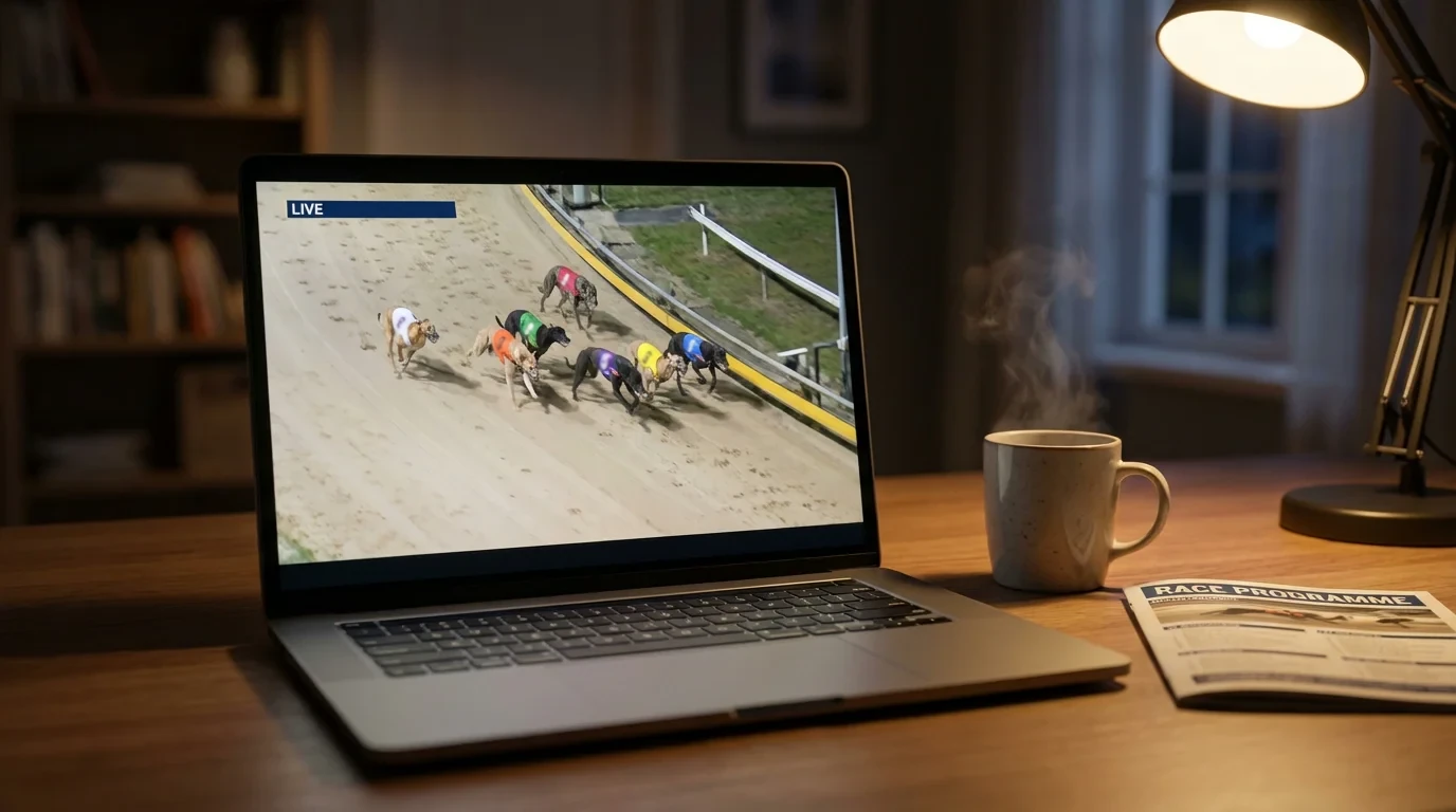 Laptop screen showing a live greyhound race stream from a UK track meeting