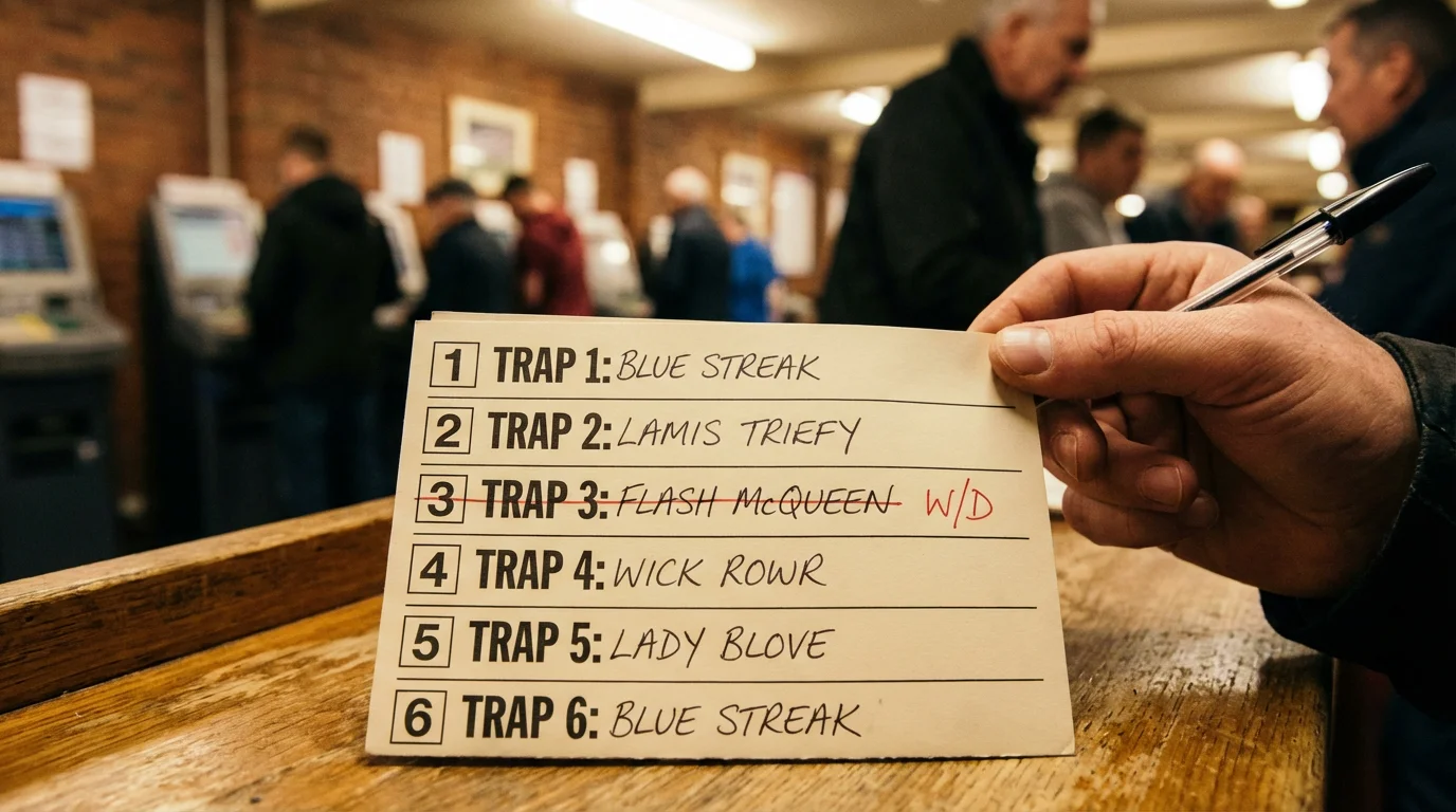 Greyhound race card with a withdrawal notice marked next to an empty trap