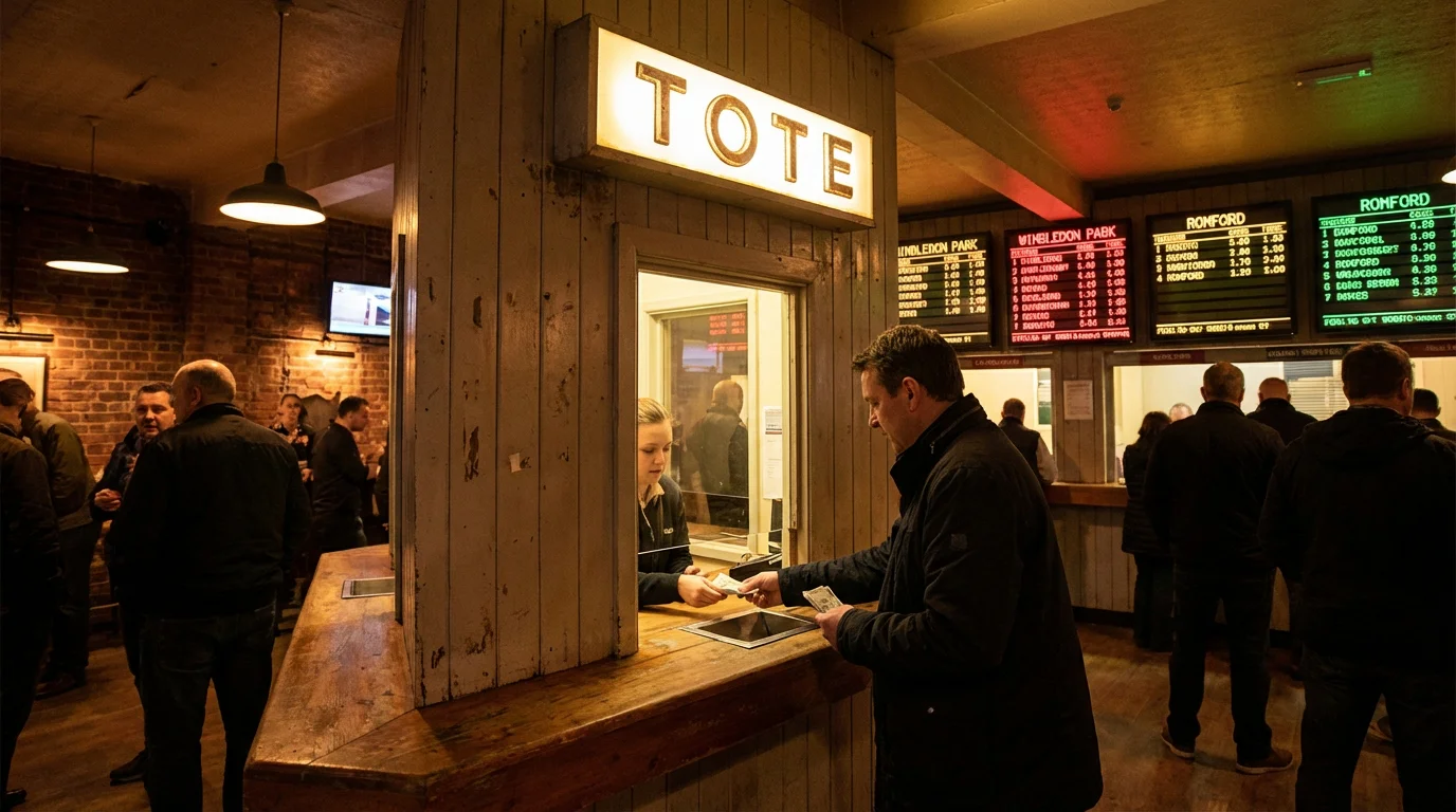 Tote pool betting window at a UK greyhound stadium with race information on display