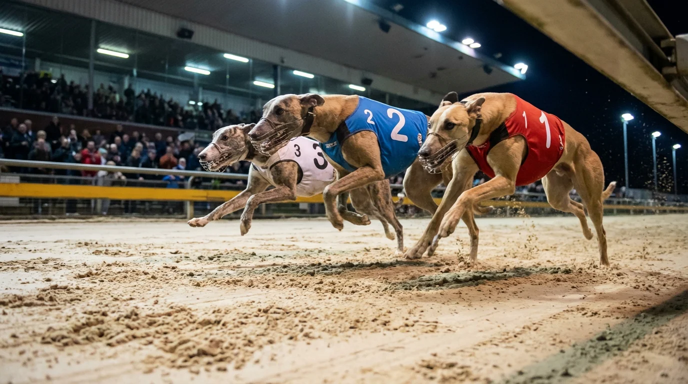 Three greyhounds crossing the finish line in close formation at a UK racing track