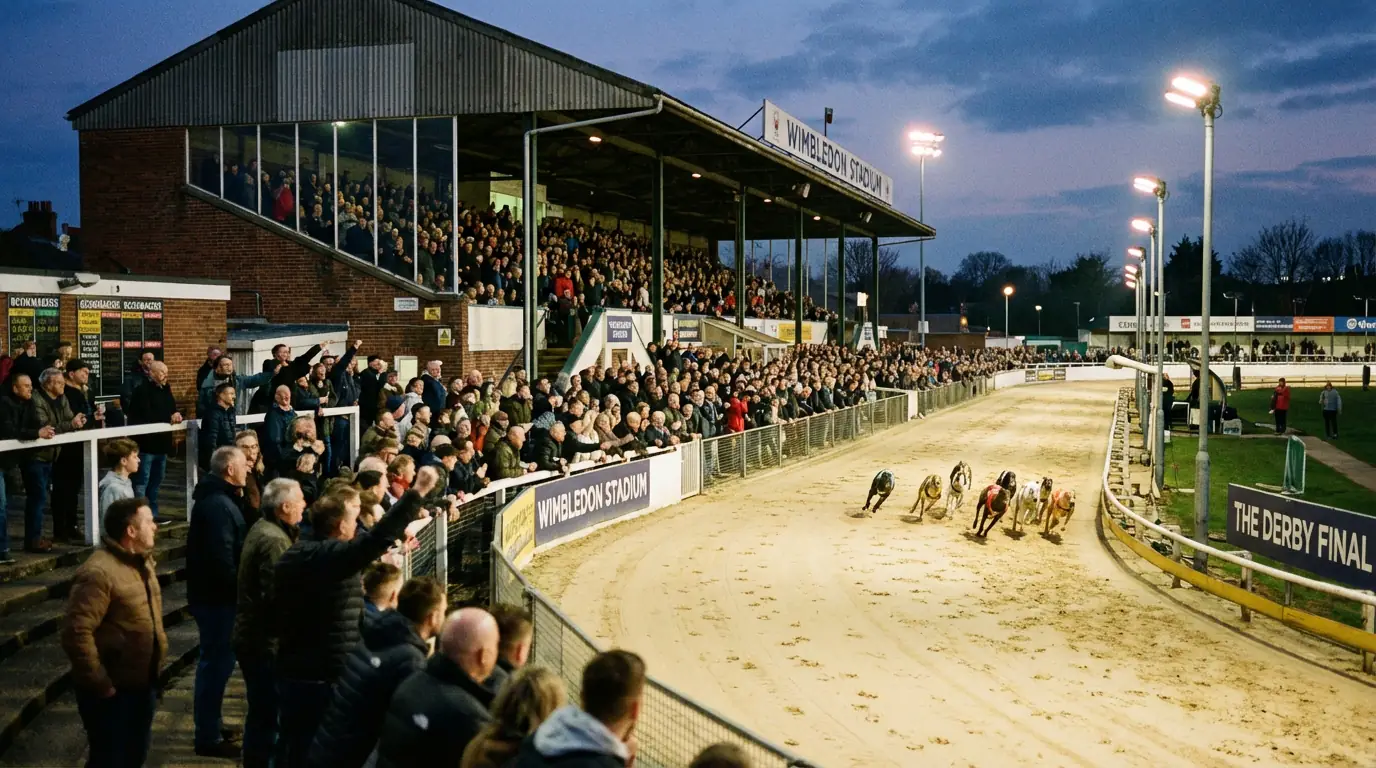 Packed grandstand at a UK greyhound stadium during a major evening race meeting