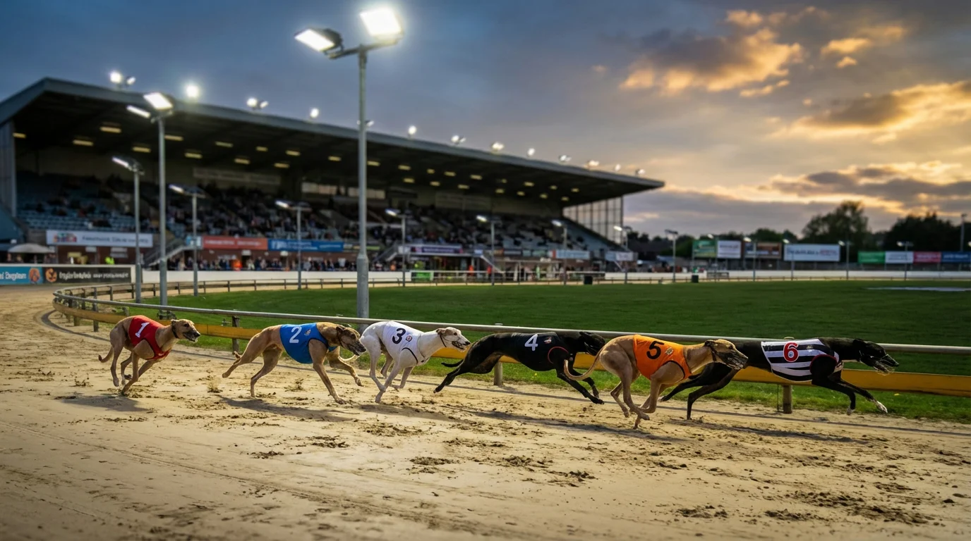 Greyhound racing at a UK stadium with six dogs sprinting from the traps under floodlights