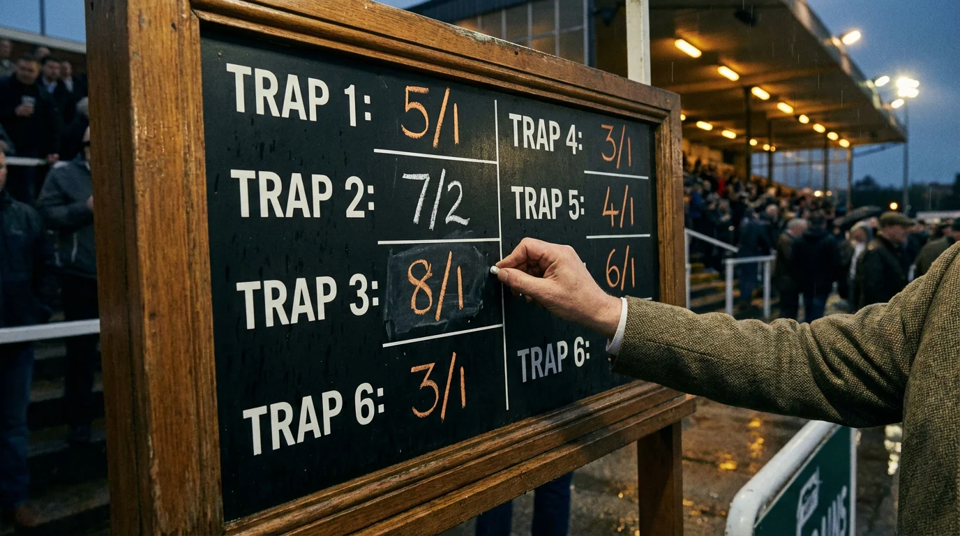 Greyhound odds board at a UK track showing varying prices across a six-dog field