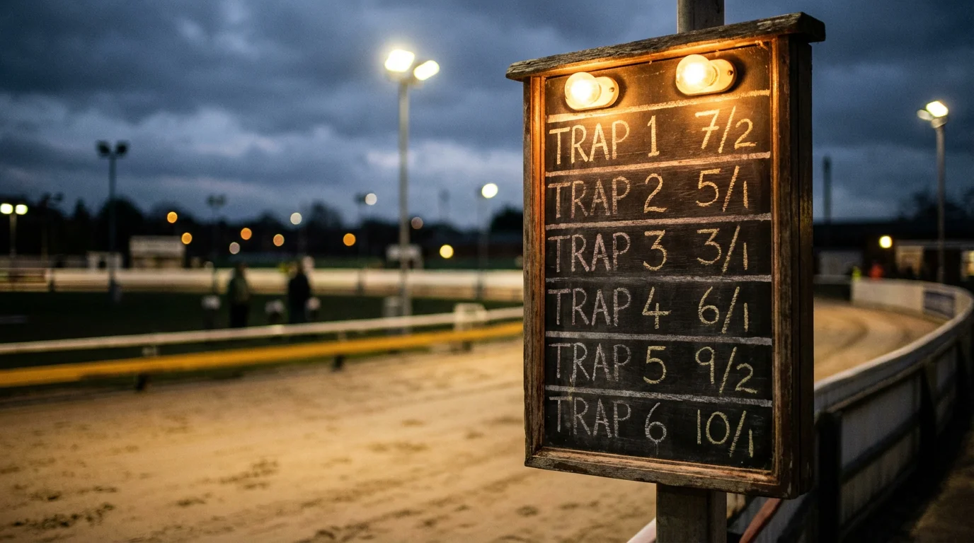 Greyhound starting price odds board at a UK dog track before a race